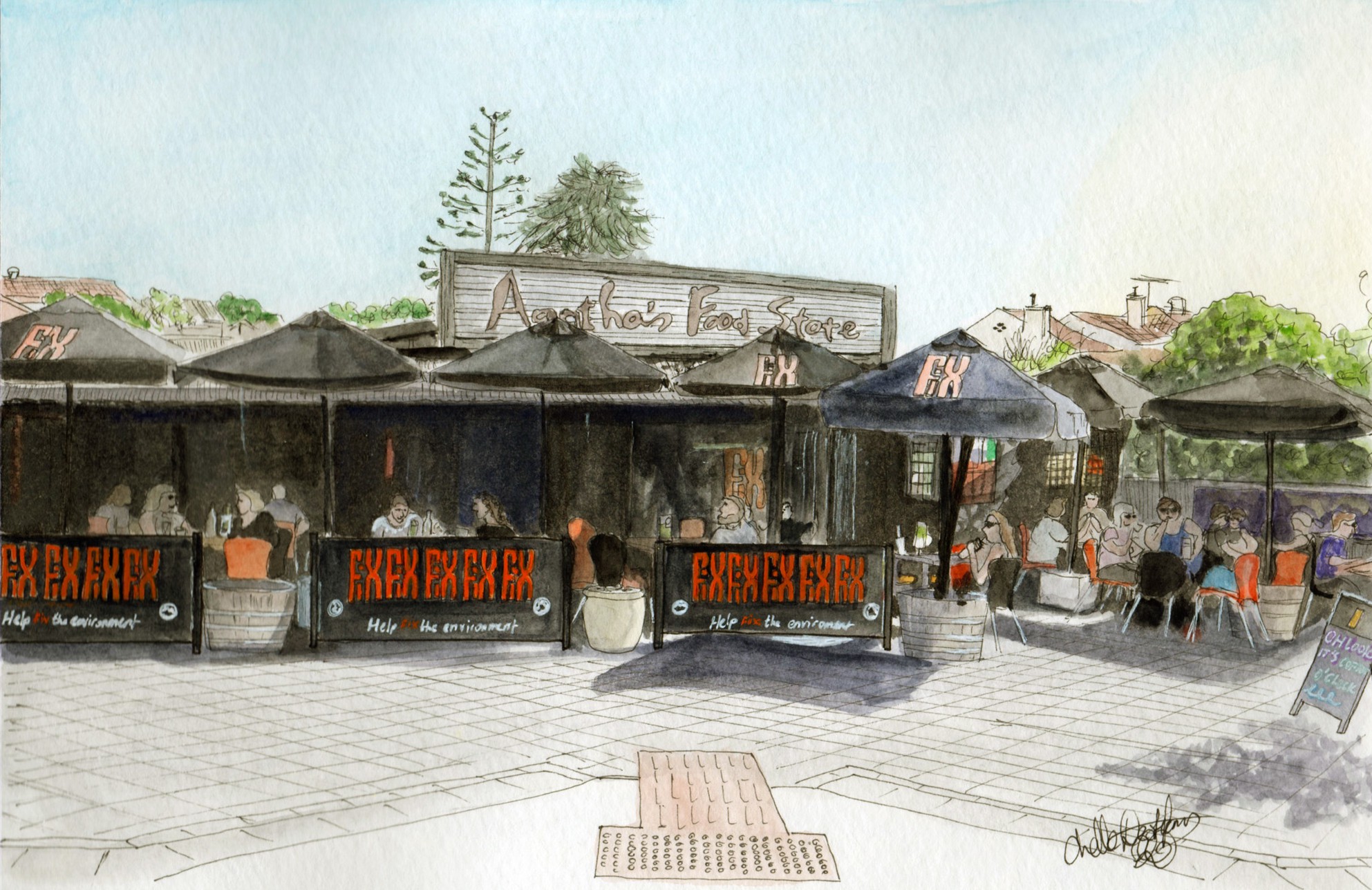 A watercolour picture of Agatha's Food Store cafe in Port Noarlunga by Chelle Destafano.