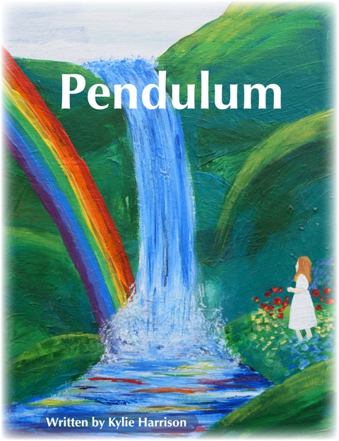 A painted image of a waterfall cascading into a pool of ble water. A rainbow archs out of the mist surrounding the point where the waterfall hits the pool of water. On the right bank of the pool a woman in a white dress stands in a bed of flowers.