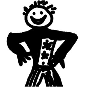 A simple drawing using thich black texta of a person with their hands on their hips wearing striped trousers