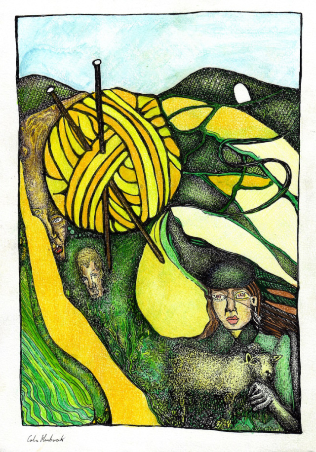 A drawing depicting green rolling hills and a light blue sky. Near the top of a hill on the left is a giant ball of wool of orange and yellow with knitting needles crossing and piercing the ball of wool. Below faces appear. The most prominent in the bottom right hand corner. A woman wearing a 40s style beret and suit jacket. She is holding a small lamb.