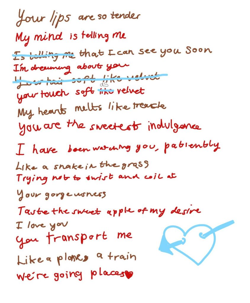 A handwritten poem. Your lips are so tender, my mind is telling me that I can see you soon. I'm dreaming about you. Your touch soft as velvet. My heart melts like treacle. You are the sweetest indulgence. I have been watching you, patiently. Like a snake in the grass. Trying not to twist and coilt at, your gorgeousness. Taste the sweet apple of my desire. I love you, you transport me. Like a plane, a train, we're going places.